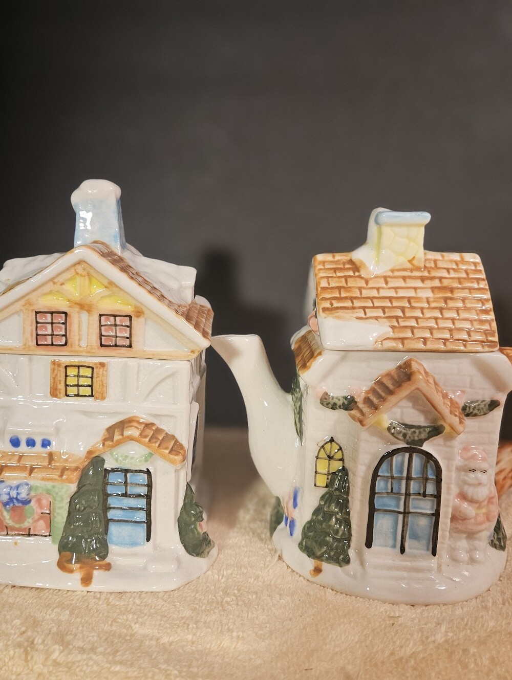 Vintage Houston Harvest Christmas Cottage Ceramic Teapot Creamer Sugar Bowl Set